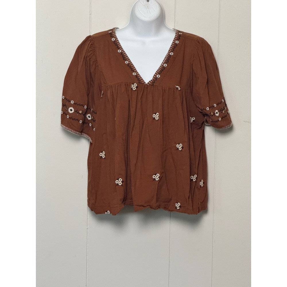 Old Navy Women Rust Brown Floral Embroidered Babydoll V-Neck Blouse Top Sz Large